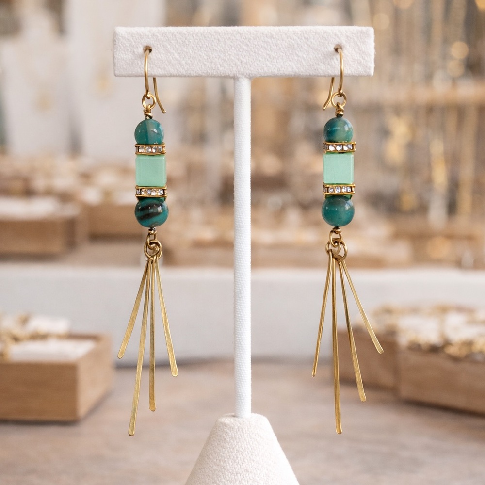 Brass & Sea Glass Green Fringe Earrings – Artisan Statement Drop - Picture 3 of 5